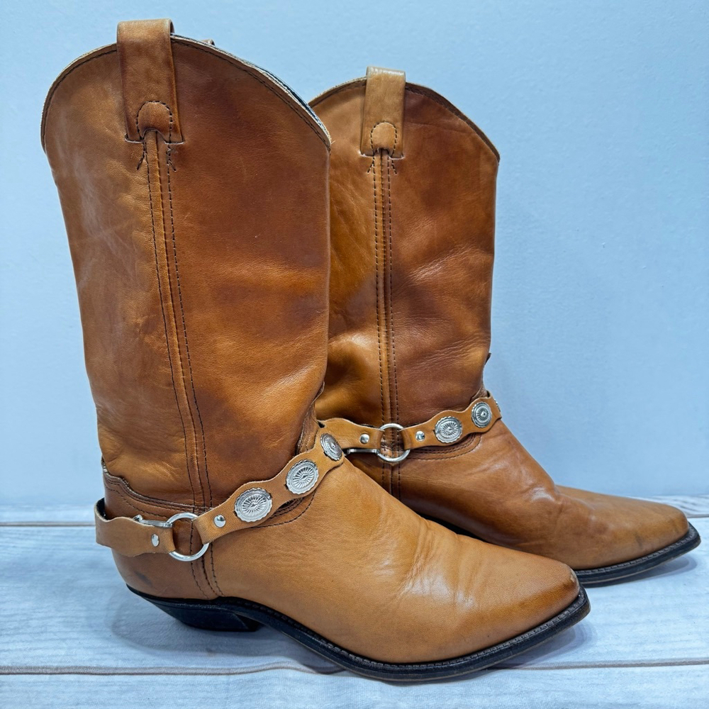 Tan Camel Abilene Western Boots Genuine Leather Silver Concho Strap Cowgirl 7.5M - Picture 3 of 10